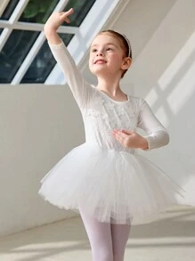 SHEIN Young Girls Long Sleeve Knitted Ballet/Latin/Jazz Unitard Activewear - White - View 6