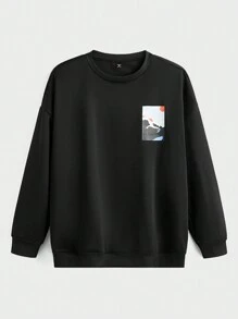 Manfinity VCAY Plus Size Men's Loose Knit Sweatshirt & Drawstring Jogger Pants Two-Piece Set, For Fall Winter - Black - View 8