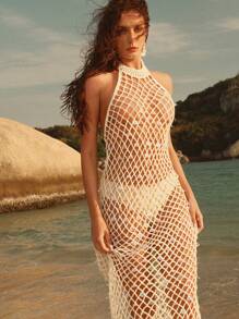 Anewsta Women's Casual Minimalist Style See-Through Beach Halter Cover Up Dress, For Summer Vacation - Multicolor - View 5