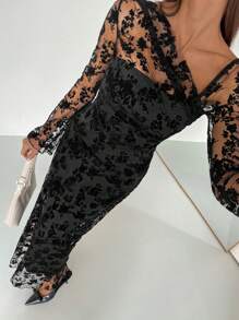 Siren Gaze 派对连衣裙女士不对称领口花卉植绒网眼优雅连衣裙 - 黑色 - 查看 4