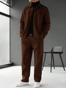 Manfinity Homme Men's Solid Color Long Sleeve Single-Breasted Jacket And Pants Casual Suit Set, Men Brown Outfit Men Plain Front Button Long Sleeve Jacket And Pants Set - Coffee Brown - View 4