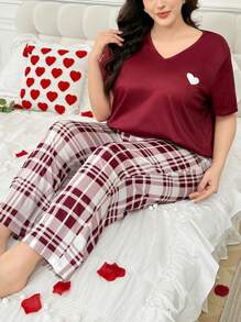 Ensemble pyjama grande taille avec Top à manches courtes imprimé cœur et pantalon à carreaux, style minimaliste - Rouge - Voir 6