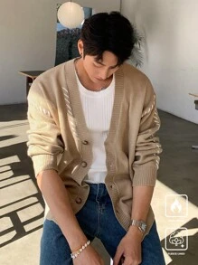 Manfinity CasualKnits Men's Solid Color Splicing Front Button Long Sleeve Casual Shirt, Daily Wear - Brown - View 4