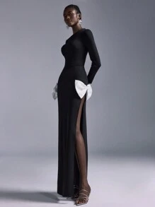 Elitara 简约黑色蝴蝶结高开衩修身长裙，适合参加晚会、正式晚宴、礼服、婚礼宾客礼服 - 黑色 - 查看 6