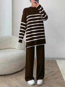 EURMUSE Damrandigt mönster med knappdetaljer med rund hals Drop Shoulder Pullover & Sweater Byx Set - Brun - Visa 3