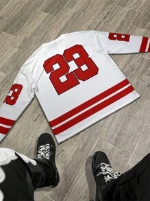 Manfinity EMRG Camiseta casual de manga larga con cuello en V, estampado de letras y parches de unicolor para hombres - Blanco - Ver 2