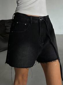 DAZY Shorts vaqueros de mujer con efecto desgastado, estilo primavera, corte holgado - Negro - Ver 7