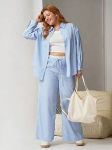 SHEIN EZwear 2pcs Plus Size Holiday Blue Striped Shirt And Pants Set - Blue - View 1