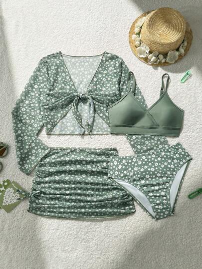SHEIN 4pcs Tween Girls Printed Bikini Swimwear Set, Split Style Mesh Bikini Swimwear For Swimming & Spa