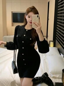 DAZY Holiday & Date Night Outfit, Women Tweed Round Neck Long Sleeve Short Dress,Fall Dress - Black - View 7