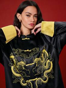 Manfinity VCAY 男女通用中国十二生肖蛇年印花编织拼布宽松落肩立领纽扣衬衫，适合中国新年 - 黑色 - 查看 2