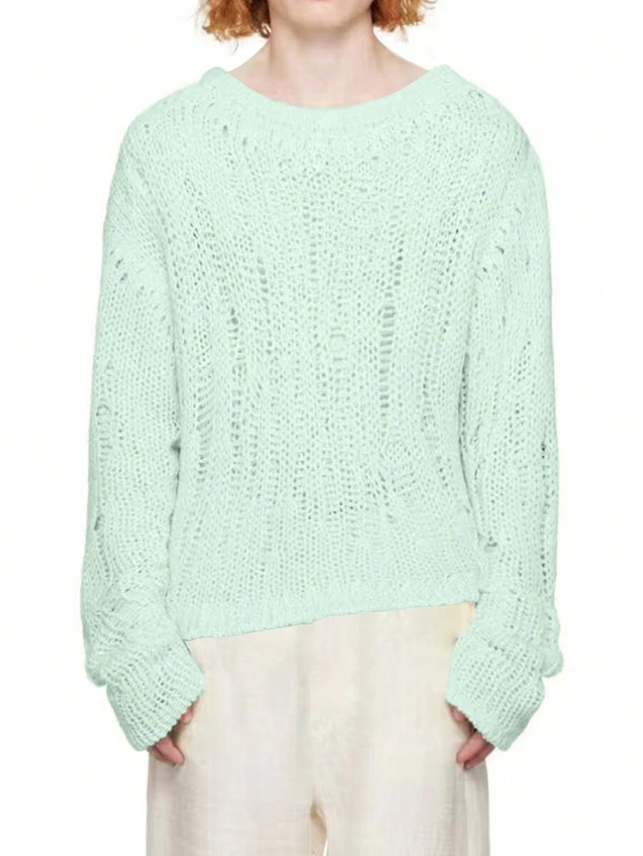 Manfinity EZcore Men's Solid Color Crew Neck Long Sleeve Ripped Minimalist Casual Sweater - Mint Green - View 1