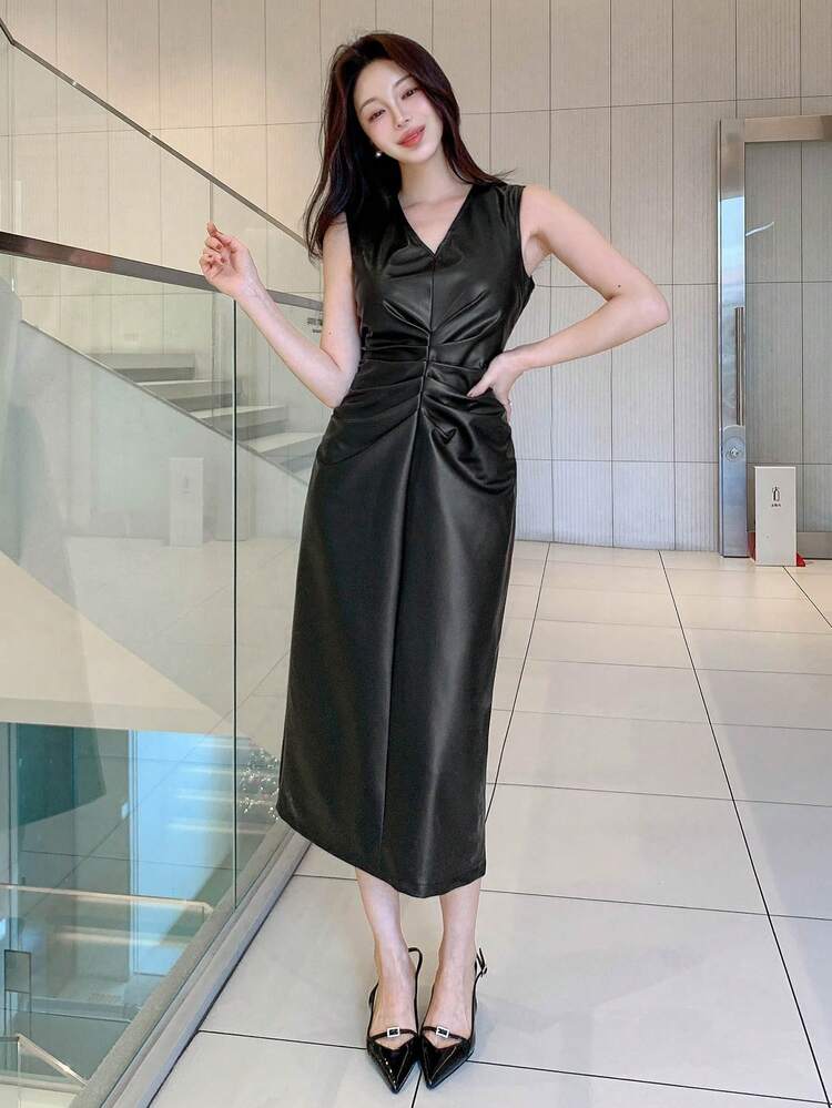 Plain V-Neck Sleeveless PU Pleated Midi Dress For Women