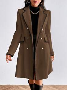 SHEIN Privé Women's Casual Two-Row Button Contrasting Trim Woolen Coat, Autumn/Winter - Coffee Brown - View 4