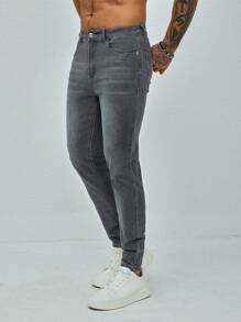 Manfinity Homme Men's Front Button Pocket Slim Fit Casual Denim Pants