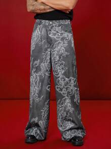 Manfinity VCAY Unisex Dragon & Cloud Print Wide Leg Zip-Up Pants With Belt Loops, Relaxed Fit, Woven - Black - View 1