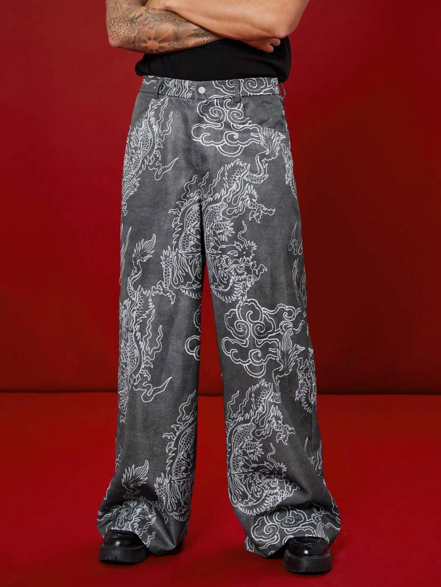 Manfinity VCAY Unisex Dragon & Cloud Print Wide Leg Zip-Up Pants With Belt Loops, Relaxed Fit, Woven - Black - View 1