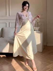 DAZY Women's Elegant Midi Patchwork Dress, Spring/Summer Sundress - Beige - View 1