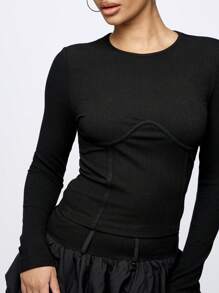 SUMWON WOMEN Corset Style Fitted Long Sleeve Top - Black - View 3