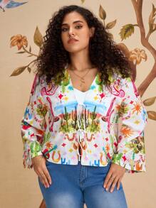 SHEIN VCAY Camisa de talla grande con estampado floral colorido y lazo delantero para vacaciones - Multicolor - Ver 4