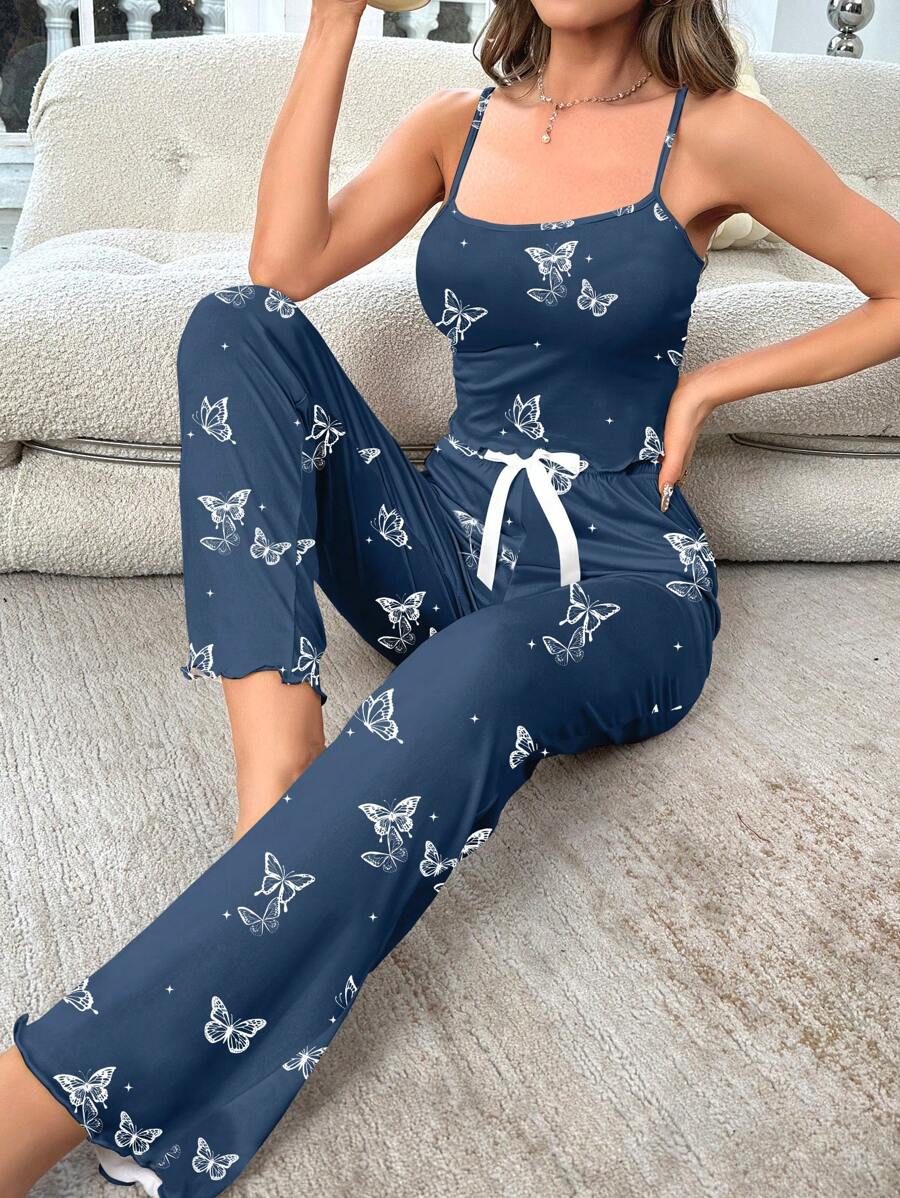 Butterfly Print Camisole And Long Pants Pajama Set - Blue - View 1