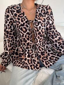 Flirla Plus Size Women Leopard Print Peter Pan Collar Open Front Spring/Summer Blouse - Multicolor - View 3