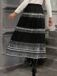 SHEIN Clasi Elegant Casual Black Geometric Patterned A-Line Skirt For Women Fall Cloth For Women - Black - View 2