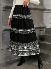 SHEIN Clasi Elegant Casual Black Geometric Patterned A-Line Skirt For Women Fall Cloth For Women - Black - View 5
