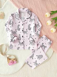 SHEIN 2pcs Girls Pajama Set, Pink Base Color With Leopard Print, Long Sleeve Top And Pants, Casual And Stylish - Pink - View 8