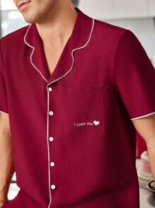 CoupledUp Contrast Color Pocket Short Sleeve Shirt & Pants Men's Sleepwear Set With Letter Embroidery - Red - View 5