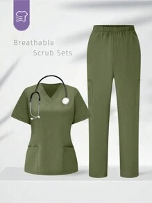TaskEZ 手术服套装：短袖上衣和裤子，简约时尚休闲日常穿着 - 軍綠色 - 查看 1