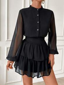 EURMUSE Fashionable Chiffon Balloon Sleeve Ruffles Hem Short Dress, Easy To Fit - Black - View 3