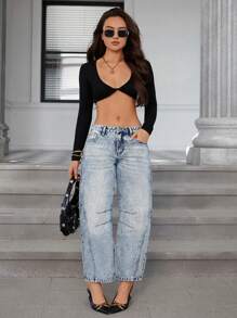 SHEIN Essnce 时尚女士休闲七分阔腿复古喇叭牛仔裤