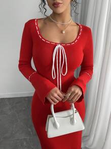 SHEIN Unity 女士长袖黑色返校礼服，女士仙女毛衣裙，公主风格针织连衣裙，适合秋季 - 紅色 - 查看 7