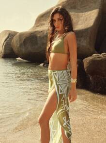Anewsta Conjunto de bikini con parte superior de atar al cuello y Bottom de unicolor, con falda cubre-bikini de gasa con estampado geométrico, para usar en la playa o vacaciones de verano