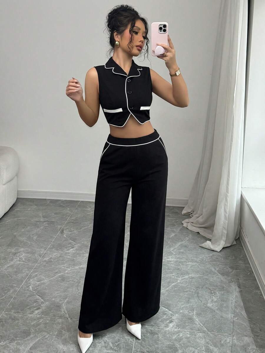 SHEIN Unity 2pcs/Set Contrast Color Sleeveless Top And High Waist Wide ...