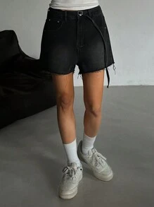 DAZY Shorts vaqueros de mujer con efecto desgastado, estilo primavera, corte holgado - Negro - Ver 5