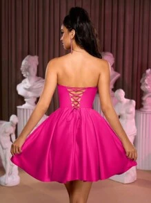 Lovelzi 优雅华丽的蝴蝶结荷叶边露背连衣裙，适合返校节、婚礼、社交活动、派对、节日、舞会、婚礼宾客礼服 - 玫紅色 - 查看 2