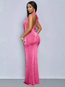 SOLERSUN 女士冬季服装时尚纯色露背大腿美人鱼下摆紧身性感连衣裙，适合圣诞派对度假和约会、情人节约会 - 粉色 - 查看 2