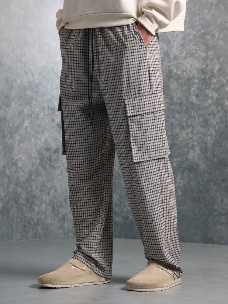 Comfortable Loose Fit Wide Leg Check Pattern Cargo Pants