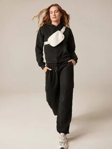 GLOWMODE Everyday Fleece Regular Zippered Long-Sleeve Hoodie Sweatshirt Jacket With Kangaroo Pocket Daily Casual Fall Winter - Black - View 6