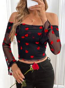 SHEIN Frenchy Women's Heart Patterned Mesh Off Shoulder Ruffle Long Sleeve Fashionable Blouse Valentine's Day Dating Outfits Women's Strapless Love Pattern Long Sleeve Sheer Mesh Top Valentine's Day Holiday Clothing Vacation Outfits Woman Long Sleeve Tops Off The Shoulder Top Red Top Tops    Valentines Clothes   Heart  Top    Casual Daily Heart Print Loose For Women, Long Sleeve, Spring/Autumn Spring/Autumn  Spring Clothes  Summer Tops Women Christmas Winter Thanks Giving