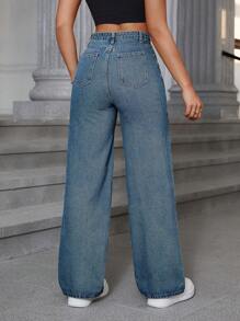 女式口袋直筒宽松休闲牛仔裤 - 藍色 - 查看 2