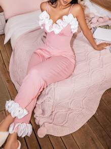 SweetSlumber Conjunto de ropa de dormir de estilo colorblock con volantes para mujer
