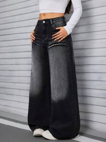SHEIN Tall Women's Simple Front Button Pocket Wide Leg Jeans, Casual Everyday Wear
