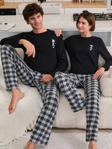 RueChic 2 Pcs Valentine's Day Couple Contrast Colour Queen Printed And Plaid Pattern Bottom Homewear Set - Black - View 6