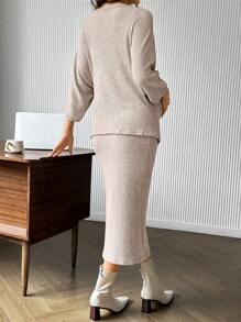 SHEIN Drop Shoulder 3/4 Sleeve Top & Bodycon One-Shoulder Skirt Set - Apricot - View 3