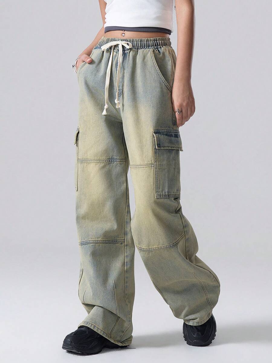 LYSMO Quần Jeans Thường Ngày Túi Thắt Trước Cho Nữ, Mặc Hàng Ngày - Rửa trung bình - Xem 1