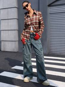 SHEIN Unity British Style Vintage Plaid Button Down Collared Versatile Shirt, Suitable For Valentine's Day, Spring/Autumn Fall Cloth For Women - Multicolor - View 4