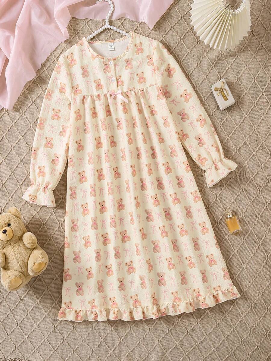 Girls Cute Bear Print Full-Print Elegant Long Sleeve Long Nightgown Sleepwear - Multicolor - View 1